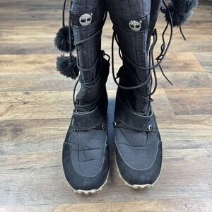 Timberland Black Suede Faux Fur Pom Pom Lace‎ Wrap Winter Snow Boots Size 8.5